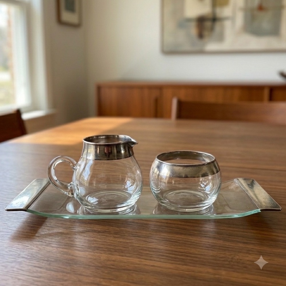 Vintage MCM Dorothy Thorpe Style Silver Band Glass Sugar Creamer &‎ Tray Set